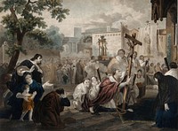 Saint Carlo Borromeo: with a rope around his neck, he kneels before the Cross in the plague-ridden streets of Milan in 1576. Coloured aquatint by L.A. Garneray, 1820, after Martinet.