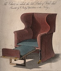 The chair on which the Duke of York (1763-1827) died. Coloured engraving, ca. 1827.