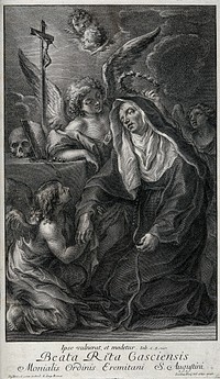 Saint Rita da Cascia. Line engraving by J. Frey, 1736, after Giacinto Brandi.