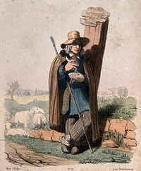 An old shepherd leaning against a worn-out road-sign eats his lunch while sheep graze in a field next to the road. Coloured lithograph by A.J.L. Jazet, 1843.