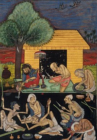 Ascetics preparing and smoking opium outside a rural dwelling in India. Gouache painting by Kavala, 18--.