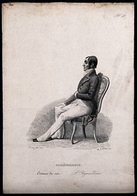 A man sitting erect on a chair; representing pride as a type of the 'sentiment' of self esteem, a phrenological 'faculty'. Steel engraving by C. Devrits, 1847, after H. Bruyères.