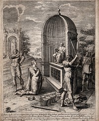 The emperor Constantine digging the foundations of St. Peter's Basilica. Etching by P. de Balliu after P. van Lint after P.P. Drei, 1637.