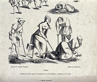 A variety of beggars, members of the organization of the "Argot". Wood engraving by A. Rivaud after a tapestry in Reims.