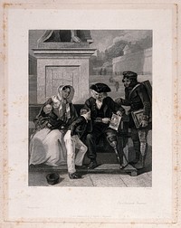 A Greenwich Pensioner recounting his exploits to a small boy, showing him a print called "The blowing up of the Orient": his mother and a print pedlar  look on. Engraving by T. Holles, 1845, after E. M. Ward.
