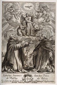 The Holy Trinity and an angel with captives, receiving intercessions from Saint John of Matha and Saint Felix of Valois representing the Trinitarian Order. Engraving by Castellus (G. Chasteau).