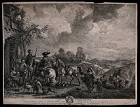 Gypsies living on the hillside outside a tavern; two men are on horseback, while others are carrying baskets of food, cooking and tending to children. Engraving by J. Moyreau after P. Wouwermans.