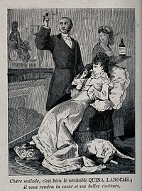 A standing man talks to an ill lady seated in an armchair by a fireplace, recommending her to drink the tonic wine Quina Laroche to restore her health; advertising Quina Laroche. Wood engraving by Minne, ca. 1880.