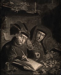 Two money-lenders counting their money, the one writing the ledger wears spectacles. Mezzotint after Q. Matsys.