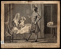 A man carrying a child's commode chair to a woman lying in bed who holds a screaming baby in her arms. Engraving.