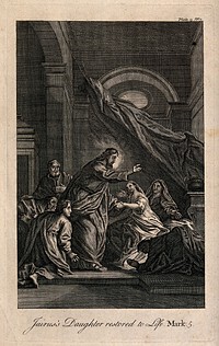 Christ raises Jairus' daughter. Etching after C. de Lafosse.