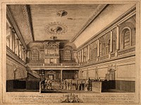 Foundling Hospital, Holborn, London: interior of the chapel. Etching by John Sanders, 1774, after himself.