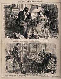 A boy telling his aunt the advantages of placing her name on the Social Register. Wood engraving after C. Keene, 1869.