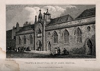 St. John's Hospital and Chapel, Exeter: front with street life. Line engraving by W. Deeble, 1830, after A. Glennie.