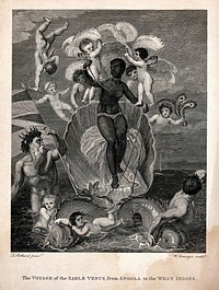 Venus as a black woman slave travelling on a shell across the Atlantic from Angola to the West Indies. Engraving by W. Grainger, 1794, after T. Stothard.