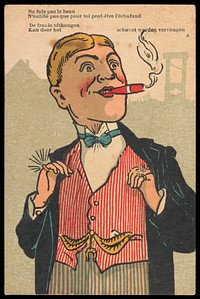 A dandy wearing a ring on each hand while smoking a cigar. Colour process print, ca. 1905.