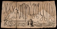 Surgical instruments: a variety of forceps, drills and scissors, with demonstrational figures. Etching by R.W., 1687.