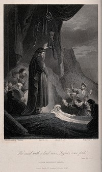 Christ raises Lazarus from his tomb; weapons hang from above. Engraving by J. Thomson, 1846, after J. Franklin after Rembrandt.
