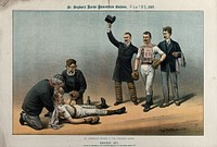 A boxer representing St. Stephen's Review has knocked out his opponent who is representing the Hansard Union. Colour lithograph by Tom Merry, 21 February 1891.