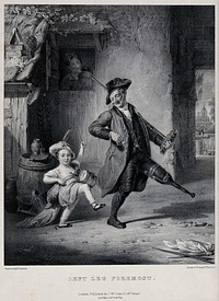 An old man with a wooden leg, probably a former soldier, marches with a shouldered broomstick to the drum beaten by a child behind him. Lithograph by T. Farlow after R. Farrier.