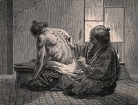 A Japanese physician applying moxa (a substance produced from leaves of various wormwoods) as a cautery: igniting it on the skin of a patient's back. Wood engraving.