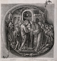 The presentation of Jesus to Simeon, or to a priest of the Temple. Engraving with stipple after F. Bonsignori.