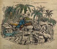 Ichthyosaurs attending a lecture on fossilised human remains. Lithograph by Sir Henry de la Bèche, 1830, after his drawing.