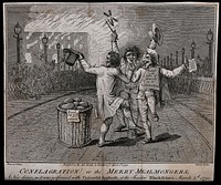 Three men dance in the street as a crowd gathers on Blackfriars Bridge, London, to celebrate the destruction by fire of Albion Mills. Etching by J. Barlow, 1791, after S. Collings.
