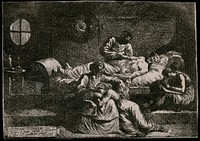 Eudamidas dictating his will on his deathbed, leaving the care of his mother and daughter to two friends. Etching by Jean-Jacques Lagrenée.