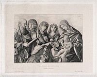 Saint Mary (the Blessed Virgin) with the Christ Child, Saint Paul the Apostle, Saint George, two women saints and a donor. Engraving by F. Gaillard after G. Bellini.