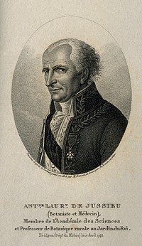 Antoine Laurent de Jussieu. Stipple engraving by A. Tardieu after M. Dumont, 1825.