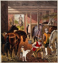 A stable where young stablemates take care of the horses and their headgear and bridle. Colour lithograph with paper cutouts.