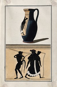 Above, black-figured Greek wine jug (oinochoe); below, detail of decoration showing a man (most probably Dionysus) and a dancing satyr. Watercolour by A. Dahlsteen, 176- .