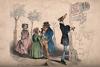 Animals dressed as gentlemen and ladies survey the medical advertisements on a wall. Coloured wood engraving by J. Grandville, 1853.