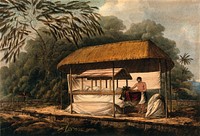 The body of Vehiatua II, chief of Teahupo'o, lying in state in Tahiti two years after his death, as encountered by Captain Cook on his third voyage (1777-1780). Coloured soft-ground etching by J. Webber, 1789.