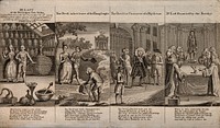 Four scenes from W. Combe's verse Dr. Last or the devil upon two sticks, a parody of the Royal college of physicians and John Fothergill (in particular). Engraving, 1771, after W. Combe.