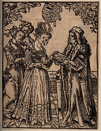 Eucharius Roeslin presenting his book on maternity to a pregnant Duchess of Brunswick. Woodcut.