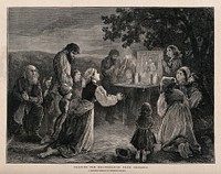 Men, women, and children praying at a shrine by the roadside during the 1873 cholera epidemic in Poland. Wood engraving by H. Woods, 1873.