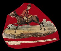 A man sitting backwards on his horse. coloured lithograph.
