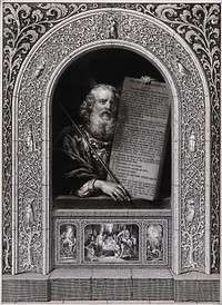 Moses, with his rod and the table of the ten commandments; with scenes from the Passion and the Last Judgement to come. Mezzotint after S.W. Reynolds.