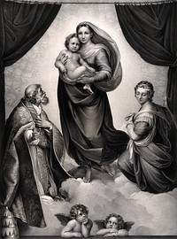 Saint Mary (the Blessed Virgin) with the Christ Child, Saint Sixtus, Saint Barbara and angels. Lithograph by F.S. Hanfstaengl after Raphael.