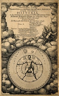 The microcosm (man) and the macrocosm (the world). Line engraving by T. de Bry, 1617.