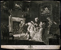 A man asleep in a chair, having his hair or wig powdered by a male hair-dresser; a woman sits next to him and a French cook reads to him from a list; in the background a courier is stealing something from a writing desk. Engraving by J. Goldar, 1771, after Pugh.