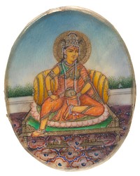 Lakshmi, the goddess of wealth and prosperity and the wife of Lord Vishnu. Gouache painting by an Indian artist.