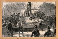 A tyre-expanding machine. Wood engraving.
