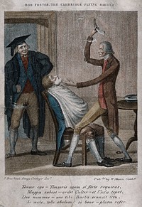 Bob Foster, the Cambridge flying barber, shaving a student. Coloured stipple engraving after I. Bearblock, of King's College.