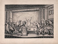 A performance of the play Birds by Aristophanes. Etching by Henry Gillard Glindoni.