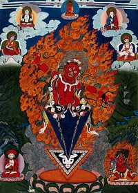 Padmasambhava as Guru Dragmar: Padmasambhava takes the form of the mystic ritual dagger (phurba). Gouache painting by a Tibetan artist.