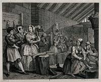 Moll Hackabout, dressed in fine clothes, is beating hemp, used for making rope, with a mallet, in a prison with other inmates who are mostly prostitutes. Engraving by William Hogarth.