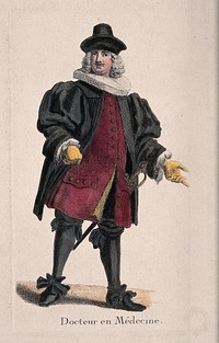 A physician in traditional costume with sword, France 17--. Coloured engraving.